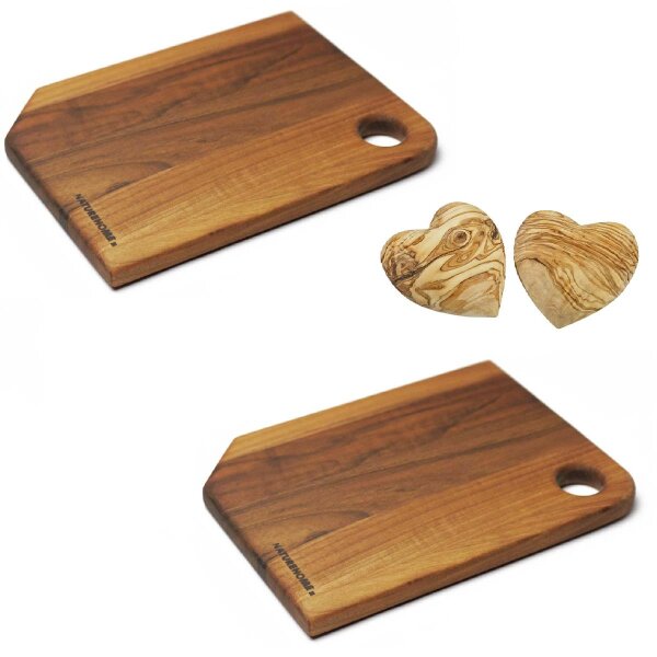 Valentinstags-Set: 2 x Schneidebrett Nussbaum plus 2 Herzen Olivenholz 5cm