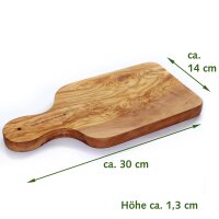 Schneidebrett mit Griff Olivenholz, 30 x 14 x 1,3 cm mit Gravur 30 Zeichen