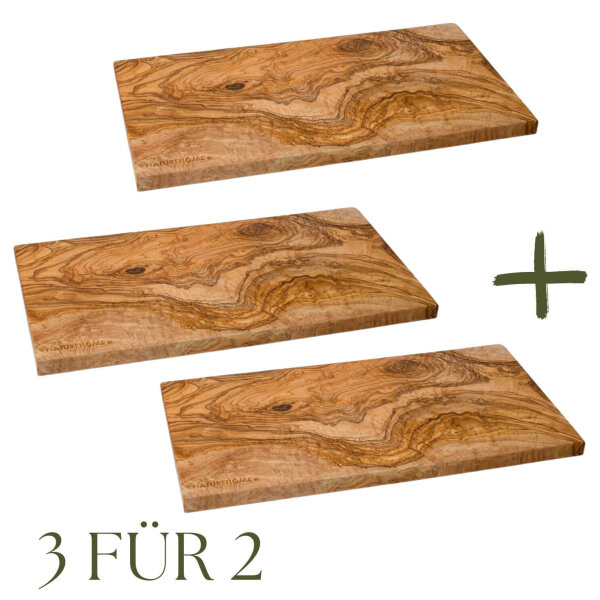 3-f&uuml;r-2-Set: B-Ware Schneidebrett Olivenholz, 40 x 22 x 2 cm