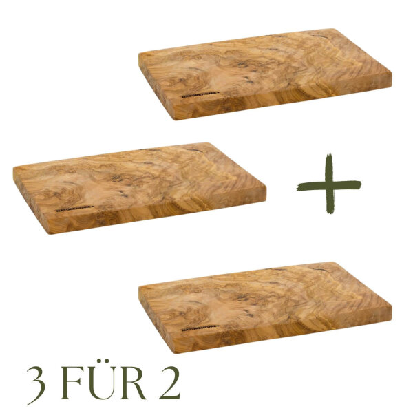 3-f&uuml;r-2-Set: B-Ware Fr&uuml;hst&uuml;cksbrettchen Olivenholz, 25 x 15 cm